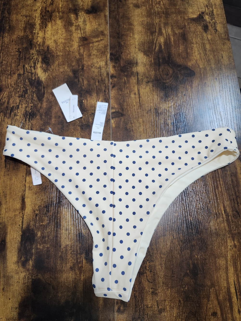Hollister Reversible Cream And Navy Polka Dots Bikini Bottom